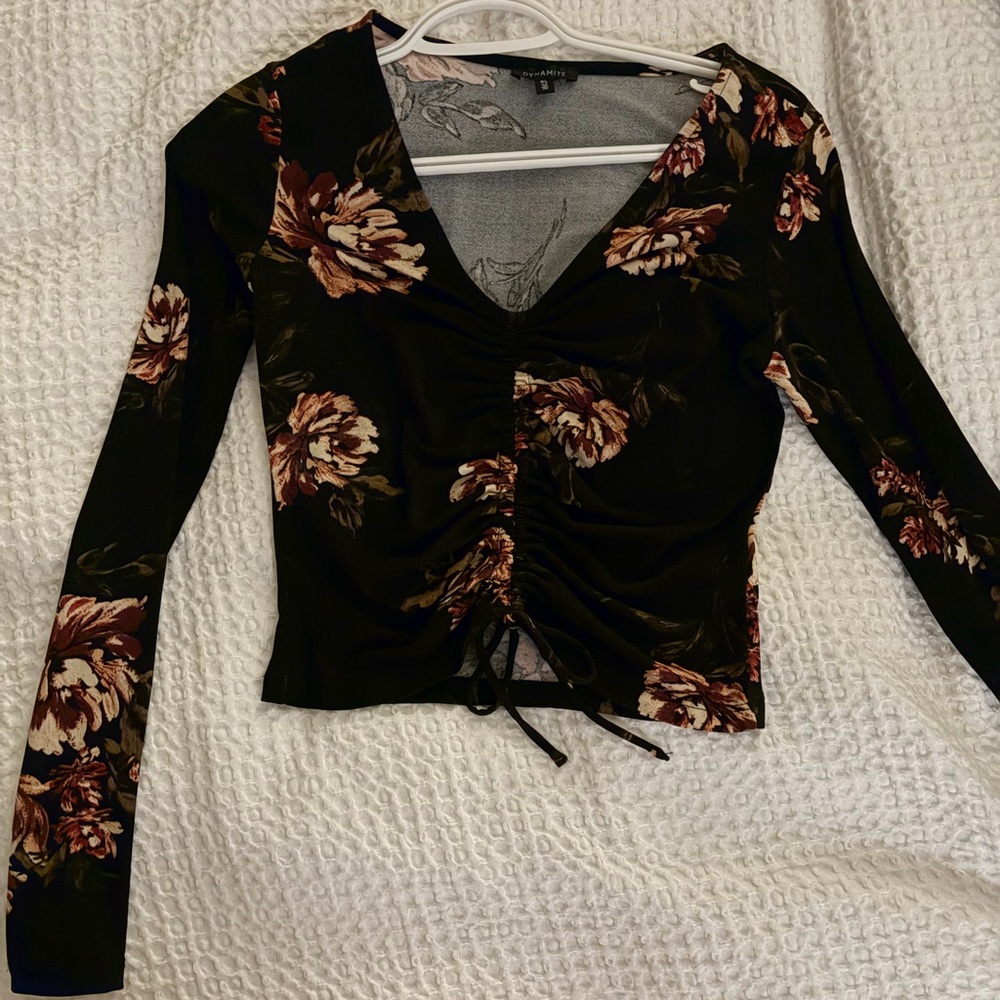 Floral Ruched Black Top